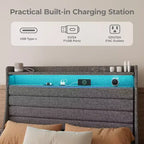 Cadre de lit double Acekool avec station de recharge et lumières LED, lit plateforme rembourré avec tête de lit de rangement, lattes en bois, beige
