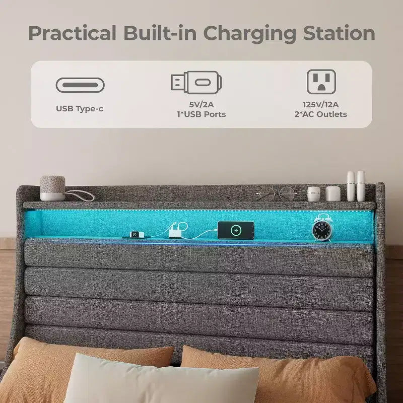 Cadre de lit double Acekool avec station de recharge et lumières LED, lit plateforme rembourré avec tête de lit de rangement, lattes en bois, beige
