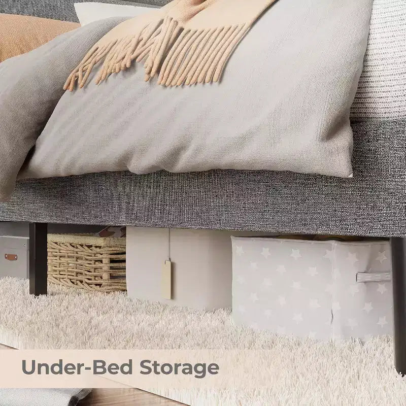 Cadre de lit double Acekool avec station de recharge et lumières LED, lit plateforme rembourré avec tête de lit de rangement, lattes en bois, beige