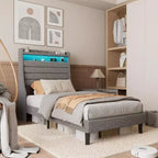 Acekool Twin Bed Frame with Charging Station and LED Lights, Upholstered Platform Bed with Storage Headboard, Wooden Slats, Beige