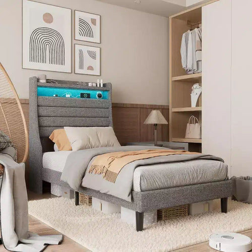Acekool Twin Bed Frame with Charging Station and LED Lights, Upholstered Platform Bed with Storage Headboard, Wooden Slats, Beige