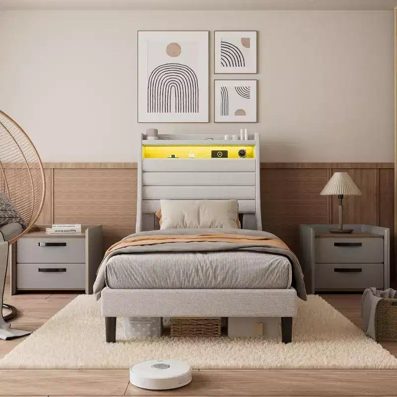 Cadre de lit double Acekool avec station de recharge et lumières LED, lit plateforme rembourré avec tête de lit de rangement, lattes en bois, beige
