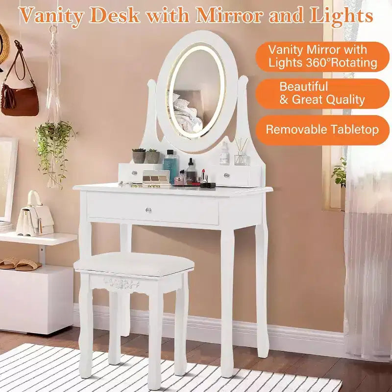 Coiffeuse avec miroir et lumières, table de maquillage en bois avec miroir ovale et tabouret