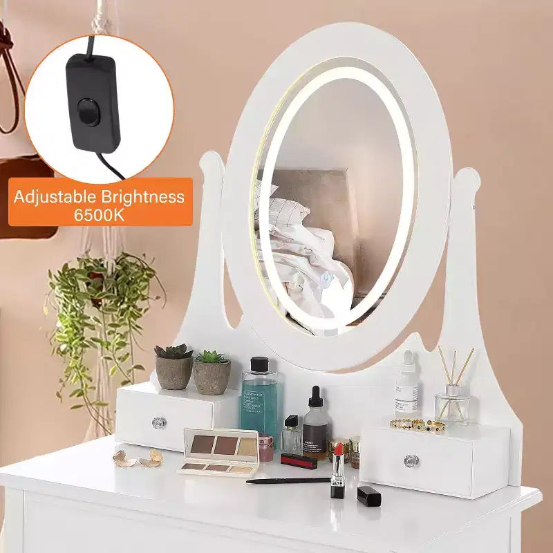 Coiffeuse avec miroir et lumières, table de maquillage en bois avec miroir ovale et tabouret