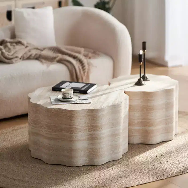 Table basse ronde moderne en bois 2 pièces GDFStudio Arlen avec bord ondulé