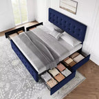 Cadre de lit queen-size avec 4 tiroirs de rangement, tête de lit en velours capitonnée, support à lattes en bois, capitonnage à boutons, matelas sans ressort requis.