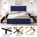 Cadre de lit queen-size avec 4 tiroirs de rangement, tête de lit en velours capitonnée, support à lattes en bois, capitonnage à boutons, matelas sans ressort requis.
