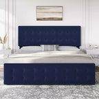 Cadre de lit queen-size avec 4 tiroirs de rangement, tête de lit en velours capitonnée, support à lattes en bois, capitonnage à boutons, matelas sans ressort requis.