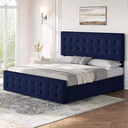 Cadre de lit queen-size avec 4 tiroirs de rangement, tête de lit en velours capitonnée, support à lattes en bois, capitonnage à boutons, matelas sans ressort requis.