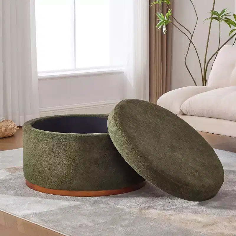 Pouf de rangement rond Christopher Knight Home Antonov rembourré avec base en bois d'hévéa