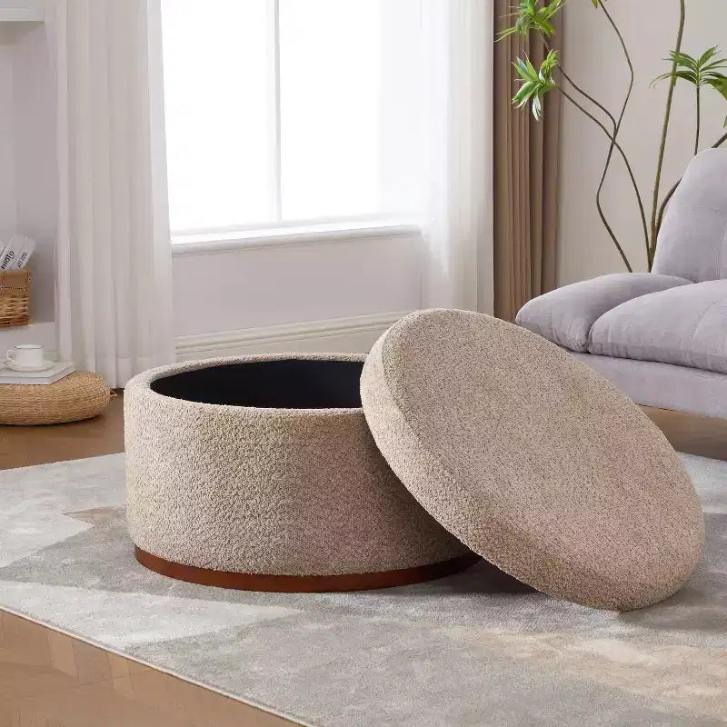 Pouf de rangement rond Christopher Knight Home Antonov rembourré avec base en bois d'hévéa