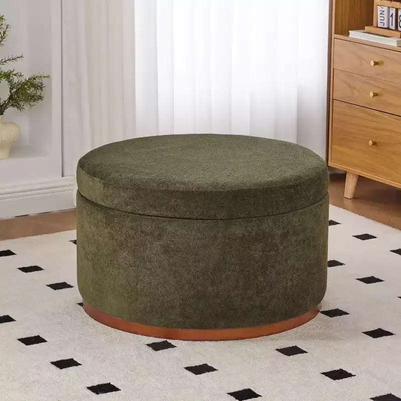 Pouf de rangement rond Christopher Knight Home Antonov rembourré avec base en bois d'hévéa