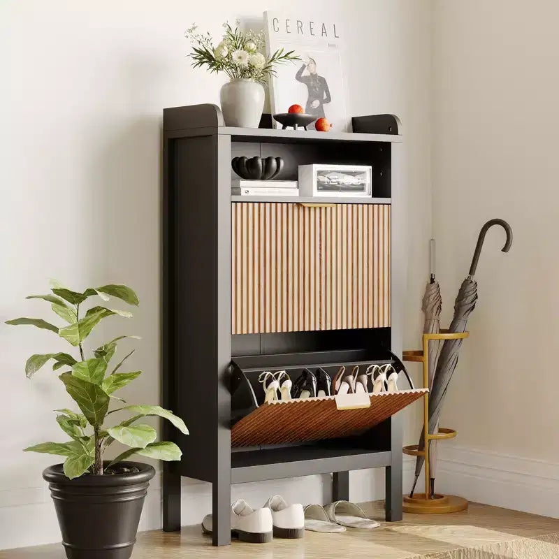 Meuble de Rangement pour Chaussures Étroit, Meuble à Chaussures avec 2 Tiroirs Basculants et Pieds en Bois, Meuble de Rangement pour Chaussures Autonome pour Entrée, Couloir
