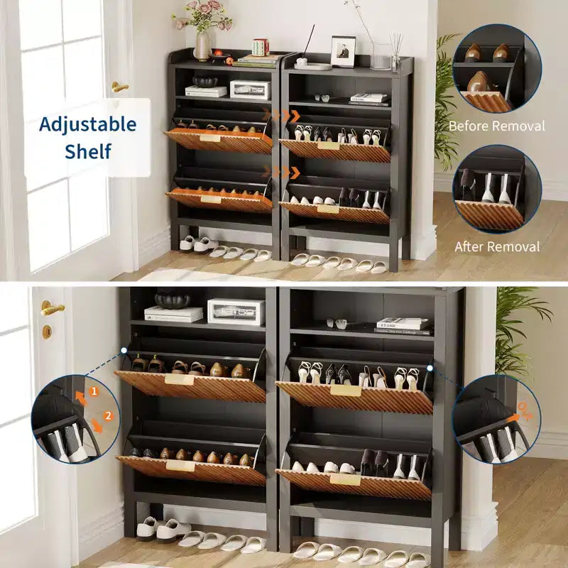 Meuble de Rangement pour Chaussures Étroit, Meuble à Chaussures avec 2 Tiroirs Basculants et Pieds en Bois, Meuble de Rangement pour Chaussures Autonome pour Entrée, Couloir