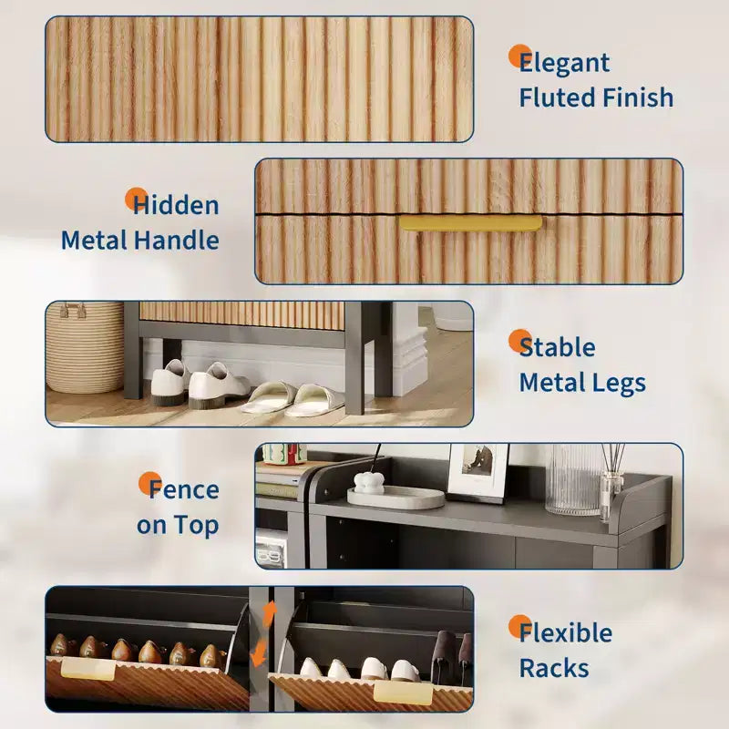 Meuble de Rangement pour Chaussures Étroit, Meuble à Chaussures avec 2 Tiroirs Basculants et Pieds en Bois, Meuble de Rangement pour Chaussures Autonome pour Entrée, Couloir