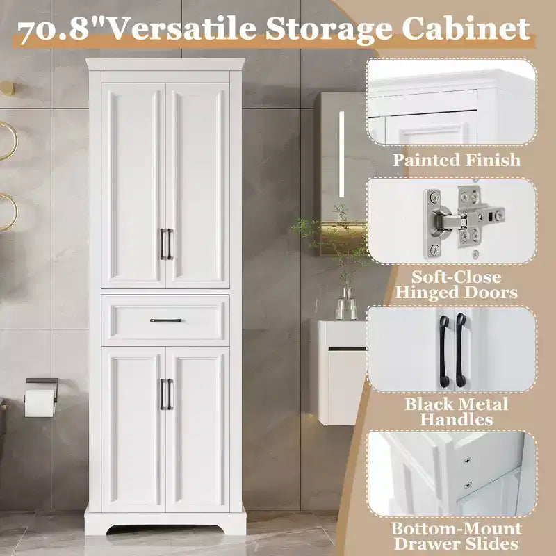 Meuble de rangement haut de salle de bain de 70,8 po, Armoire de rangement au sol autoportante avec tiroir et étagères réglables, Armoire de rangement de cuisine