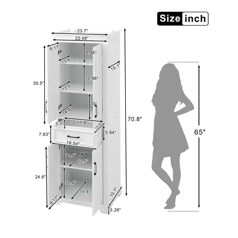 Meuble de rangement haut de salle de bain de 70,8 po, Armoire de rangement au sol autoportante avec tiroir et étagères réglables, Armoire de rangement de cuisine