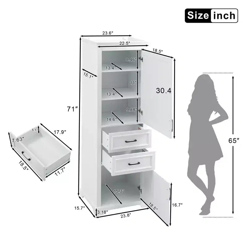 Meuble de rangement de salle de bain de 71 pouces, meuble de rangement de sol autoportant avec étagère réglable et tiroirs, meuble de rangement de cuisine en bois pour salon