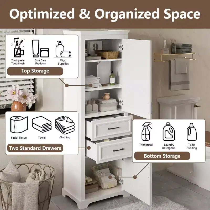 Meuble de rangement de salle de bain de 71 pouces, meuble de rangement de sol autoportant avec étagère réglable et tiroirs, meuble de rangement de cuisine en bois pour salon