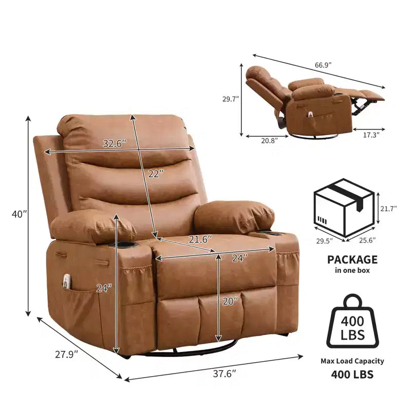 Fauteuil inclinable surdimensionné COZONY pour chambre d'enfant, fauteuil à bascule pivotant à 360° avec chauffage et massage, porte-gobelets et rangement, pour chambre à coucher, camping-car, salon