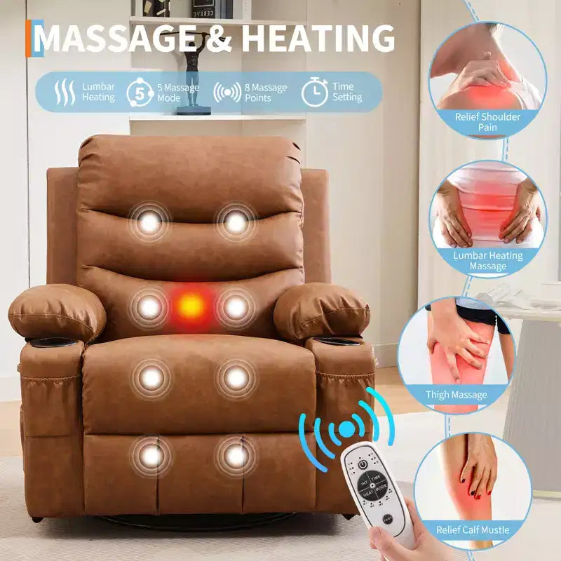 Fauteuil inclinable surdimensionné COZONY pour chambre d'enfant, fauteuil à bascule pivotant à 360° avec chauffage et massage, porte-gobelets et rangement, pour chambre à coucher, camping-car, salon