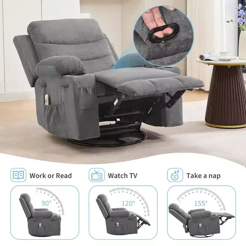 Fauteuil inclinable surdimensionné COZONY pour chambre d'enfant, fauteuil à bascule pivotant à 360° avec chauffage et massage, porte-gobelets et rangement, pour chambre à coucher, camping-car, salon