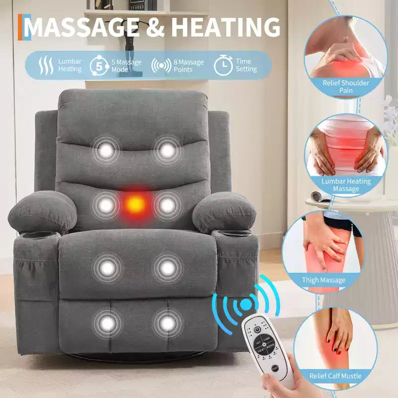 Fauteuil inclinable surdimensionné COZONY pour chambre d'enfant, fauteuil à bascule pivotant à 360° avec chauffage et massage, porte-gobelets et rangement, pour chambre à coucher, camping-car, salon