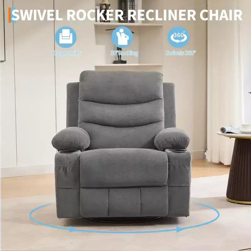 Fauteuil inclinable surdimensionné COZONY pour chambre d'enfant, fauteuil à bascule pivotant à 360° avec chauffage et massage, porte-gobelets et rangement, pour chambre à coucher, camping-car, salon