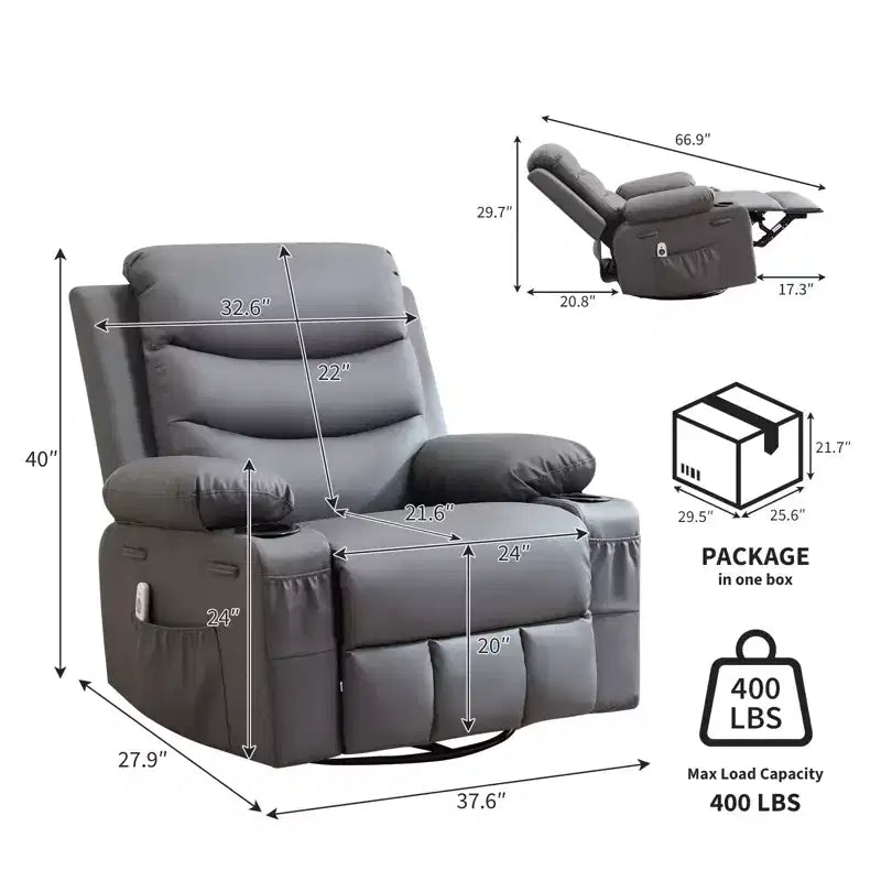 Fauteuil inclinable surdimensionné COZONY pour chambre d'enfant, fauteuil à bascule pivotant à 360° avec chauffage et massage, porte-gobelets et rangement, pour chambre à coucher, camping-car, salon