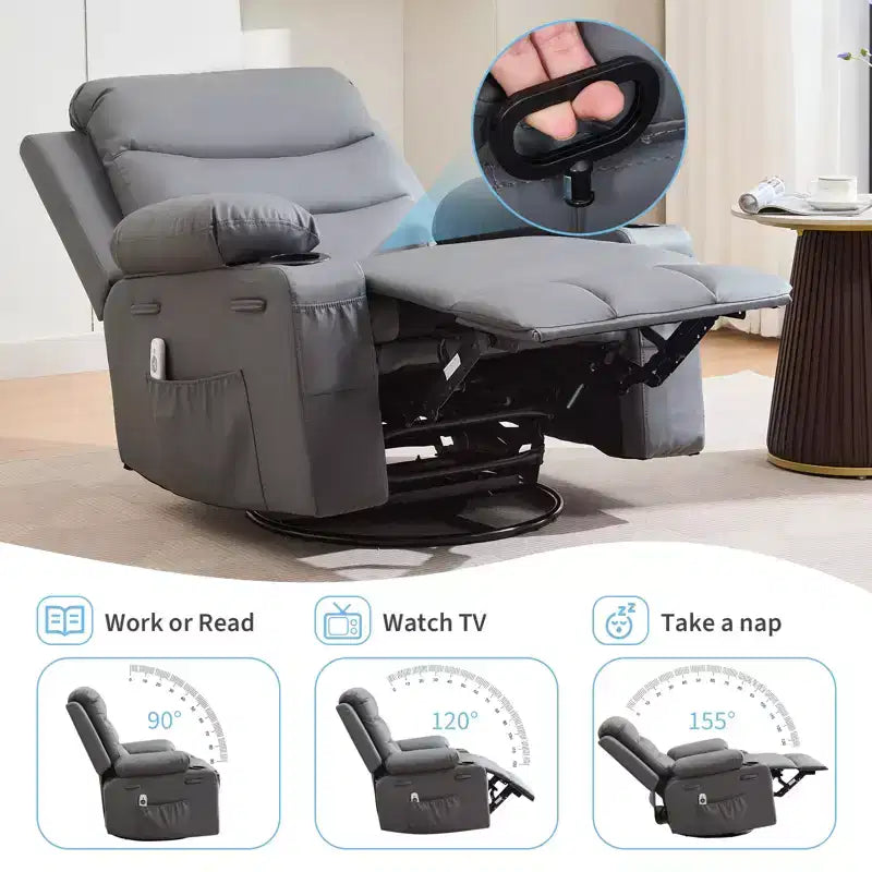 Fauteuil inclinable surdimensionné COZONY pour chambre d'enfant, fauteuil à bascule pivotant à 360° avec chauffage et massage, porte-gobelets et rangement, pour chambre à coucher, camping-car, salon
