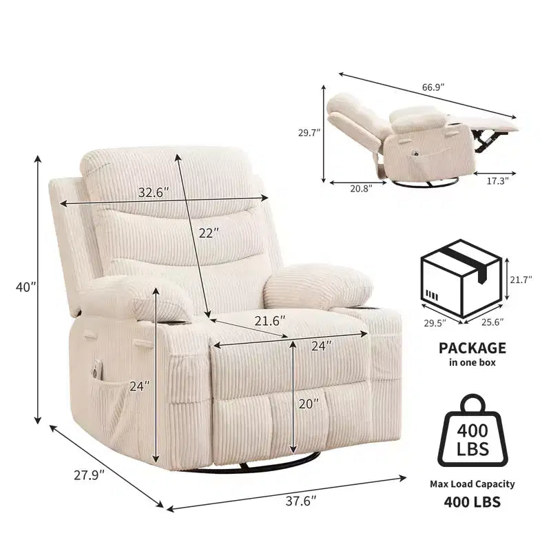 Fauteuil inclinable surdimensionné COZONY pour chambre d'enfant, fauteuil à bascule pivotant à 360° avec chauffage et massage, porte-gobelets et rangement, pour chambre à coucher, camping-car, salon