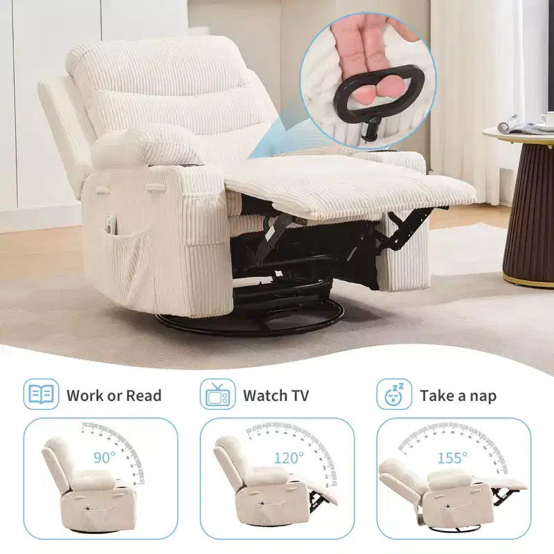 Fauteuil inclinable surdimensionné COZONY pour chambre d'enfant, fauteuil à bascule pivotant à 360° avec chauffage et massage, porte-gobelets et rangement, pour chambre à coucher, camping-car, salon
