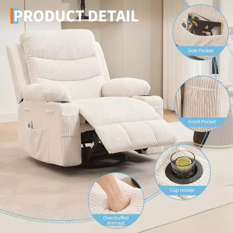 Fauteuil inclinable surdimensionné COZONY pour chambre d'enfant, fauteuil à bascule pivotant à 360° avec chauffage et massage, porte-gobelets et rangement, pour chambre à coucher, camping-car, salon