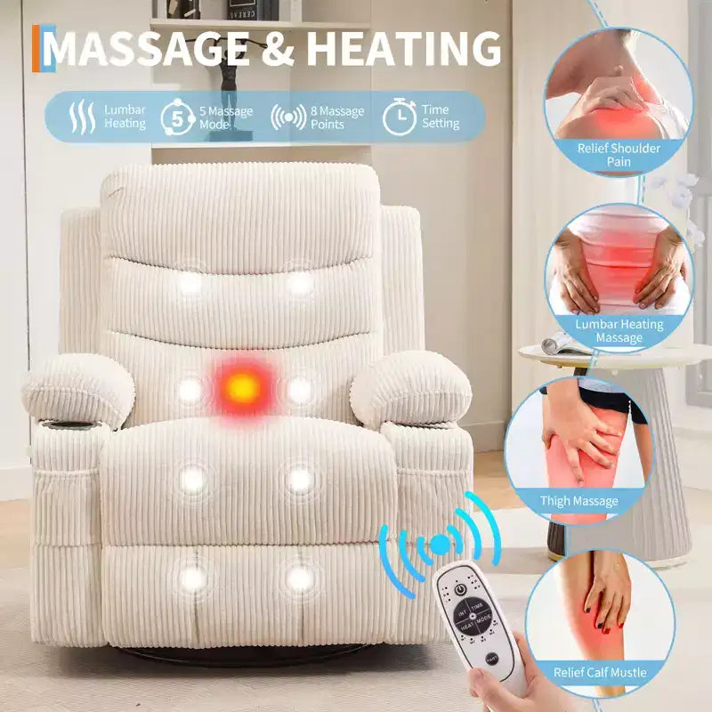 Fauteuil inclinable surdimensionné COZONY pour chambre d'enfant, fauteuil à bascule pivotant à 360° avec chauffage et massage, porte-gobelets et rangement, pour chambre à coucher, camping-car, salon