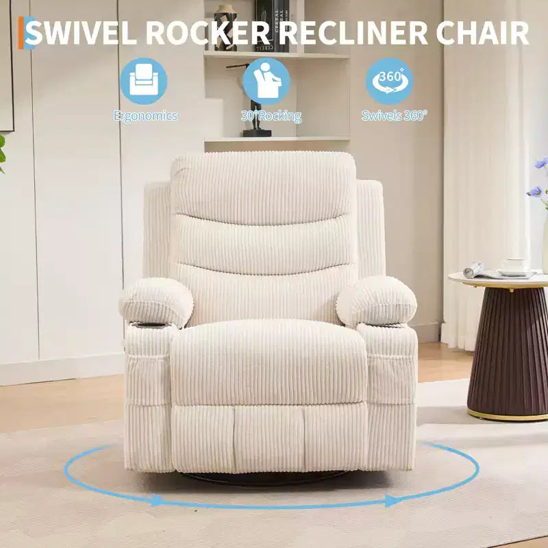 Fauteuil inclinable surdimensionné COZONY pour chambre d'enfant, fauteuil à bascule pivotant à 360° avec chauffage et massage, porte-gobelets et rangement, pour chambre à coucher, camping-car, salon