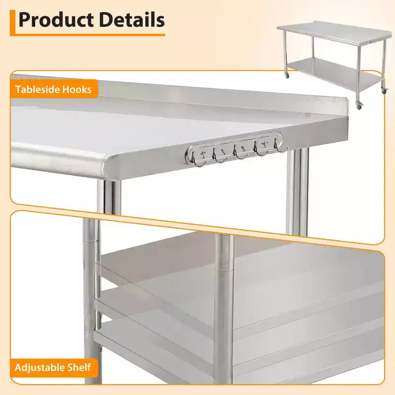 Table de travail COZONY en acier inoxydable, table de cuisine commerciale avec étagère inférieure, poste de préparation en métal robuste pour restaurant, boulangerie, traiteur