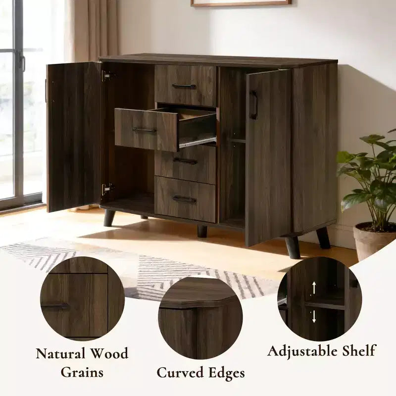 LuxenHome Armoire d'appoint 47,2 po de largeur avec portes, Meuble de rangement de style Mid-Century pour salon, salle à manger, entrée, Noyer foncé