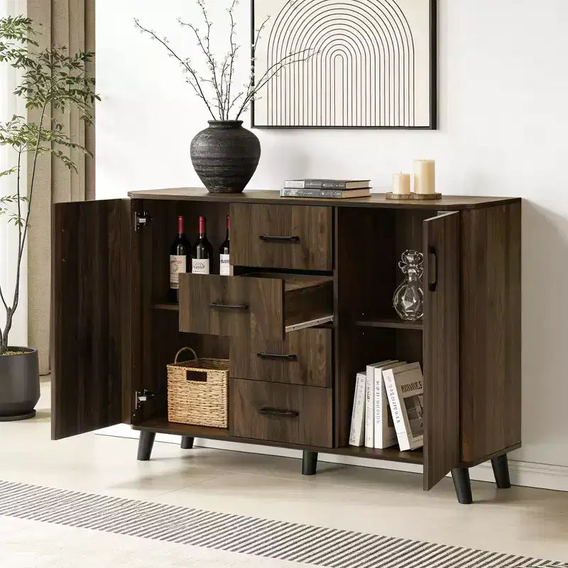 LuxenHome Armoire d'appoint 47,2 po de largeur avec portes, Meuble de rangement de style Mid-Century pour salon, salle à manger, entrée, Noyer foncé