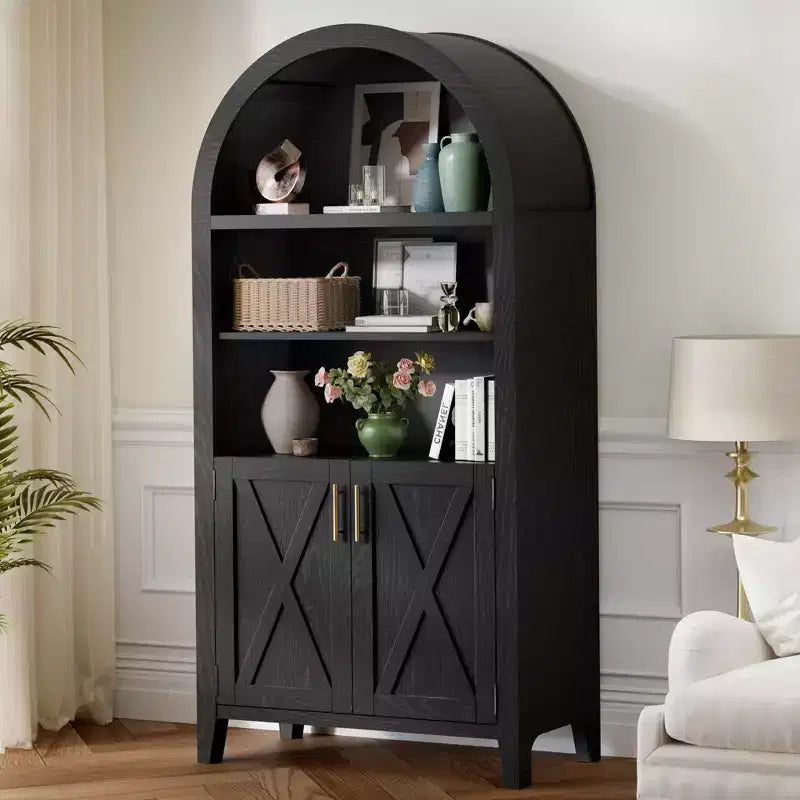 MAYEERTY 63 Armoire de rangement arquée, porte en bois de hêtre, bibliothèque à 5 niveaux