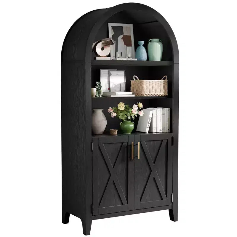 MAYEERTY 63 Armoire de rangement arquée, porte en bois de hêtre, bibliothèque à 5 niveaux