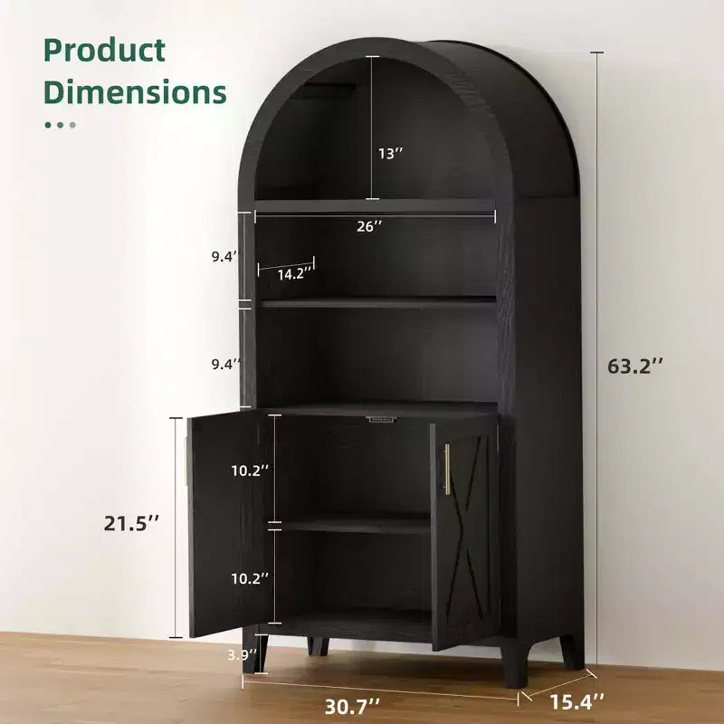 MAYEERTY 63 Armoire de rangement arquée, porte en bois de hêtre, bibliothèque à 5 niveaux