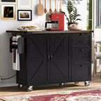 JVNOXK-54.5-inch Îlot de cuisine style ferme avec prise électrique, étagères de rangement intégrées et chariot de cuisine noir à roulettes
