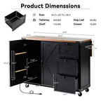 JVNOXK-54.5-inch Îlot de cuisine style ferme avec prise électrique, étagères de rangement intégrées et chariot de cuisine noir à roulettes