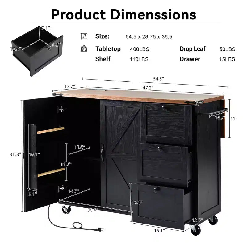 JVNOXK-54.5-inch Îlot de cuisine style ferme avec prise électrique, étagères de rangement intégrées et chariot de cuisine noir à roulettes