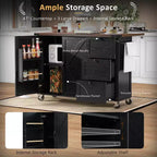 JVNOXK-54.5-inch Îlot de cuisine style ferme avec prise électrique, étagères de rangement intégrées et chariot de cuisine noir à roulettes
