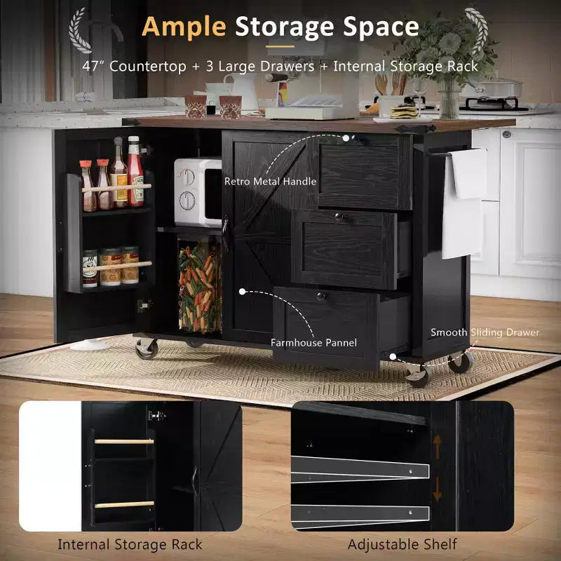 JVNOXK-54.5-inch Îlot de cuisine style ferme avec prise électrique, étagères de rangement intégrées et chariot de cuisine noir à roulettes