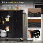 JVNOXK-54.5-inch Îlot de cuisine style ferme avec prise électrique, étagères de rangement intégrées et chariot de cuisine noir à roulettes
