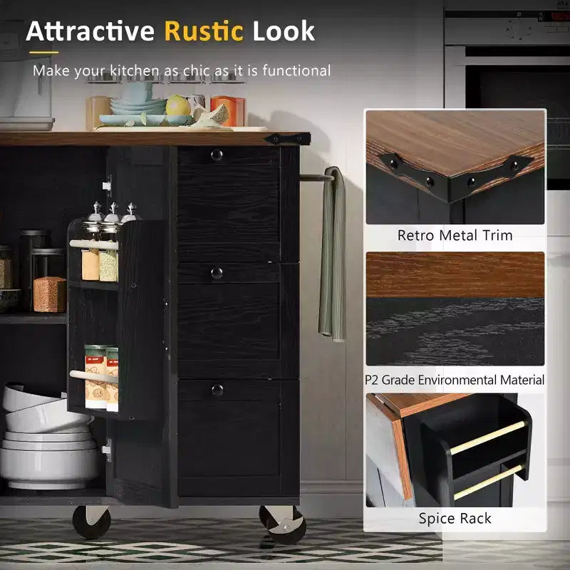 JVNOXK-54.5-inch Îlot de cuisine style ferme avec prise électrique, étagères de rangement intégrées et chariot de cuisine noir à roulettes