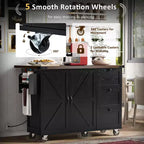 JVNOXK-54.5-inch Îlot de cuisine style ferme avec prise électrique, étagères de rangement intégrées et chariot de cuisine noir à roulettes