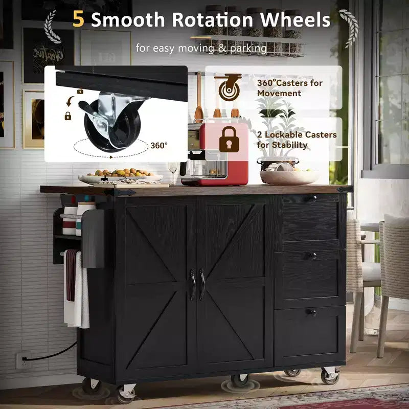 JVNOXK-54.5-inch Îlot de cuisine style ferme avec prise électrique, étagères de rangement intégrées et chariot de cuisine noir à roulettes